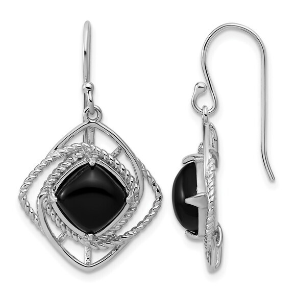 925 Sterling Silver Genuine RH-plated Polished & Twisted Onyx Dangle Earrings